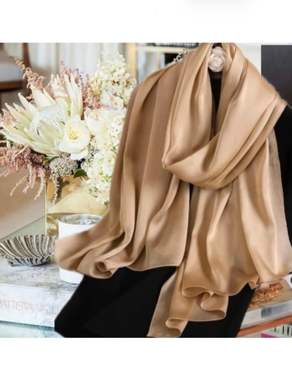 Light Camel Brown 100% SILK SATIN Large Shawl Scarf Wrap Beige Wedding CoverUp